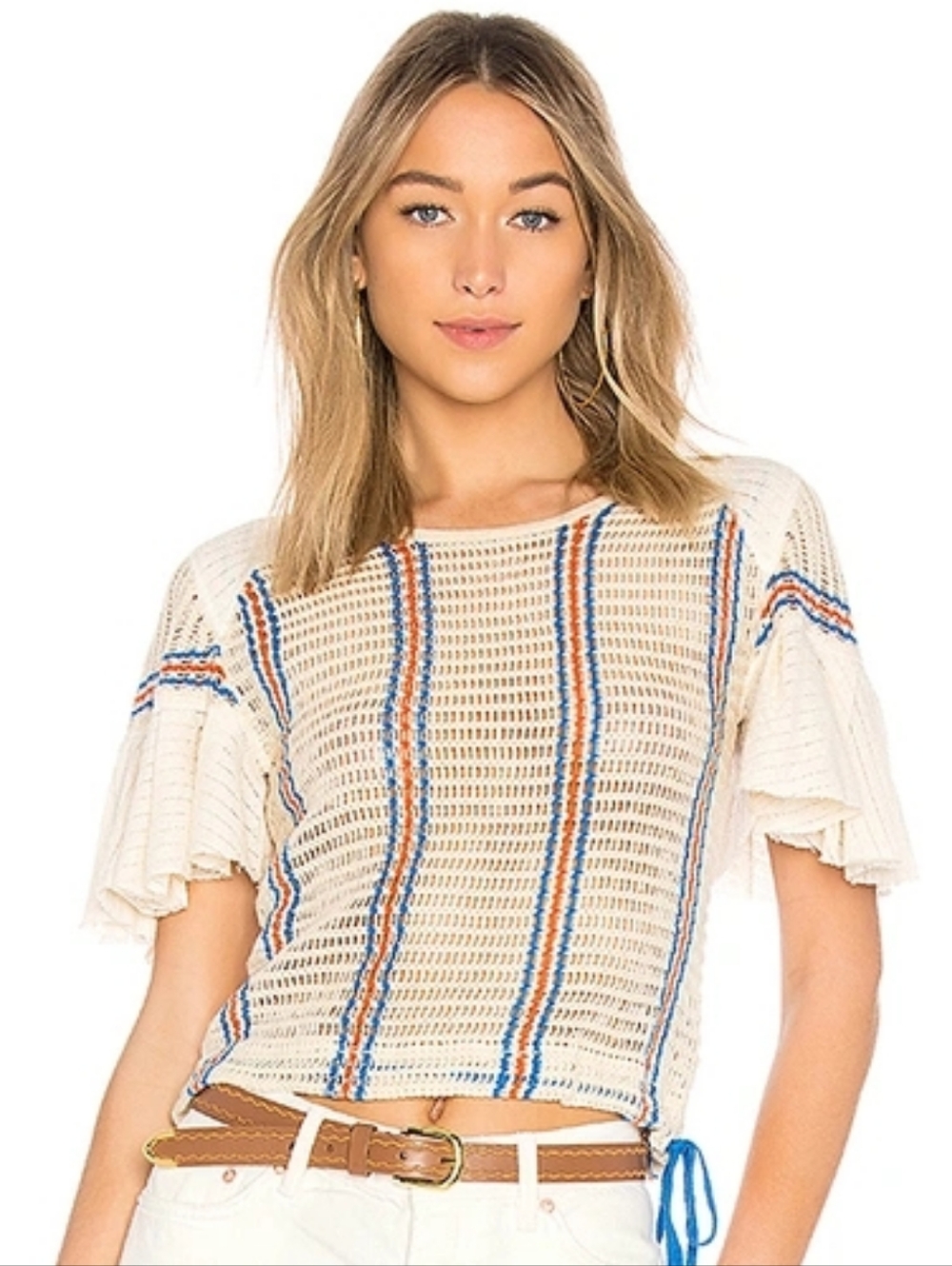 Free People Babes Only Open Knit Flutter Sleeve Top Cream Striped S